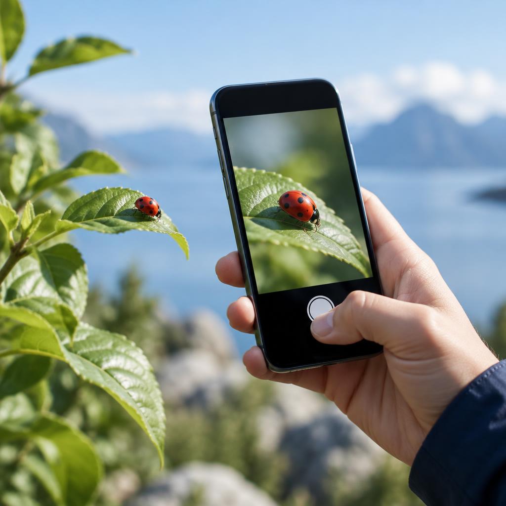 A hand holding a phone close to a ladybird on a leaf